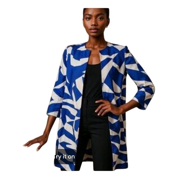 Chico's Jackets & Blazers - Chico's Blue White Abstract Geometric Open Front Topper Jacket Size 2 Large